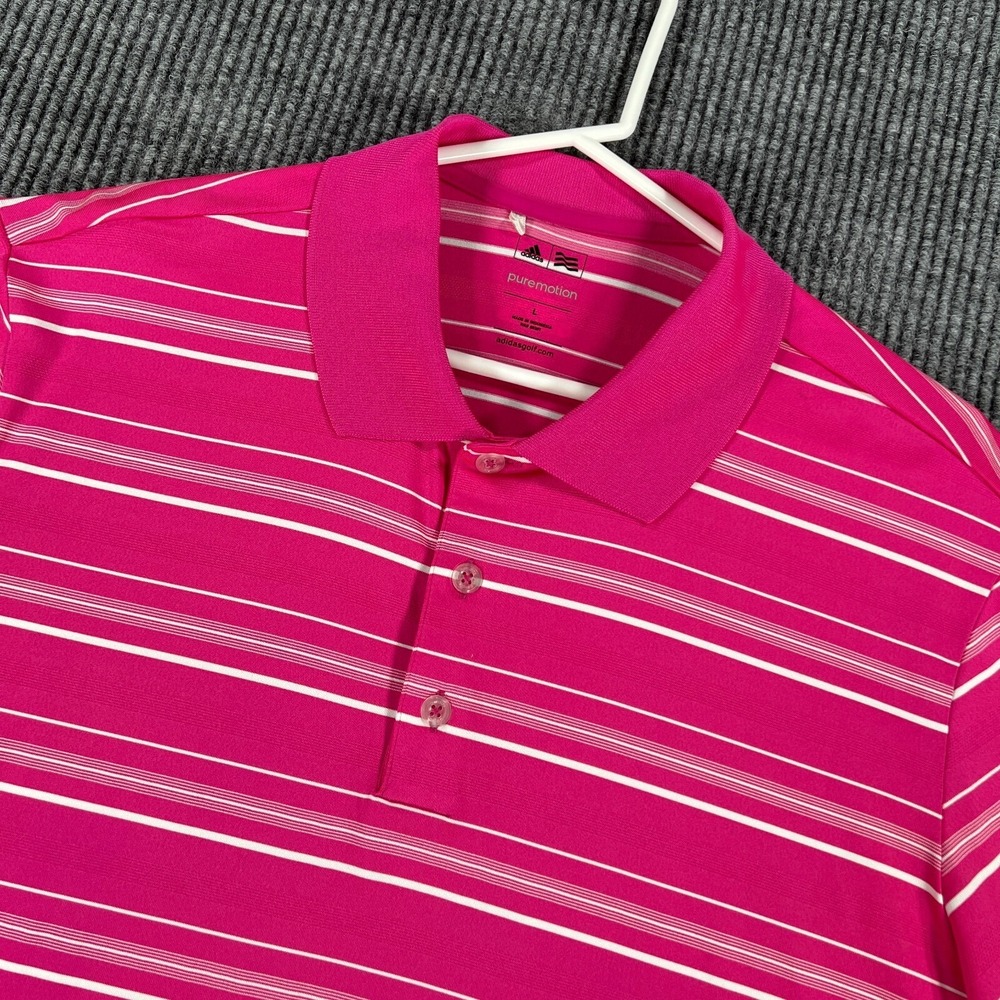 Adidas Polo Shirt Mens Large Purple Striped Short Sleeve Casual Golf Outdoor